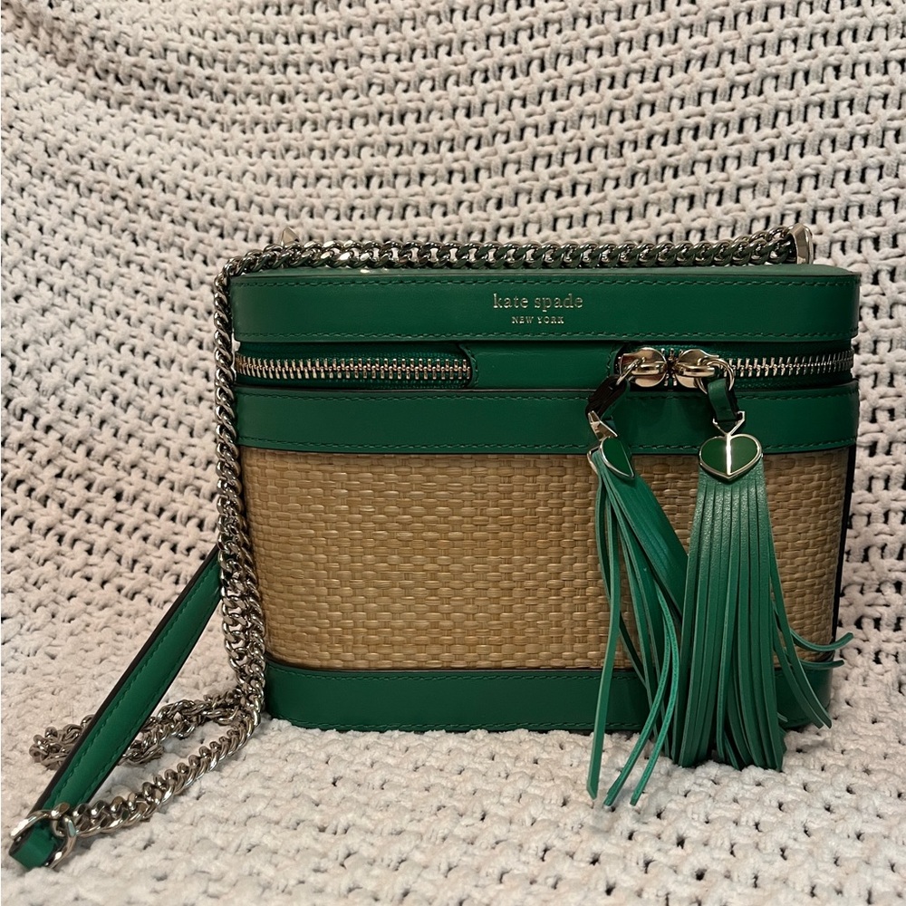 Kate Spade Picnic Basket Green and Tan Crossbody Bag with Tassels